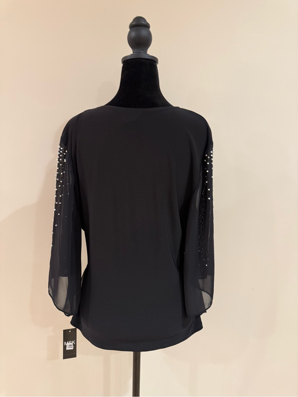 MSK Black Wrap V-Neck Top with Embellished Sheer Sleeves - Picture 6 of 8